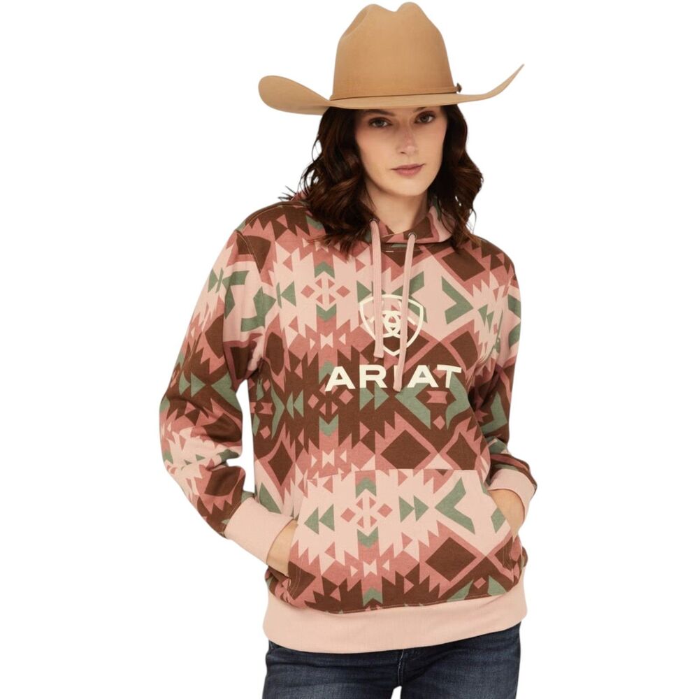 Ariat Boot Barn Southwestern Aztec Print Logo Hoodie Women’s Medium Tan Pink